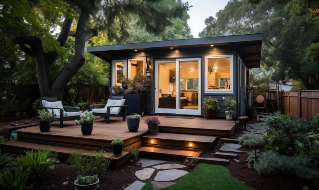 Cozy backyard studio, a charming home addition, with surrounding wooden deck and modern outdoor furniture at dusk.